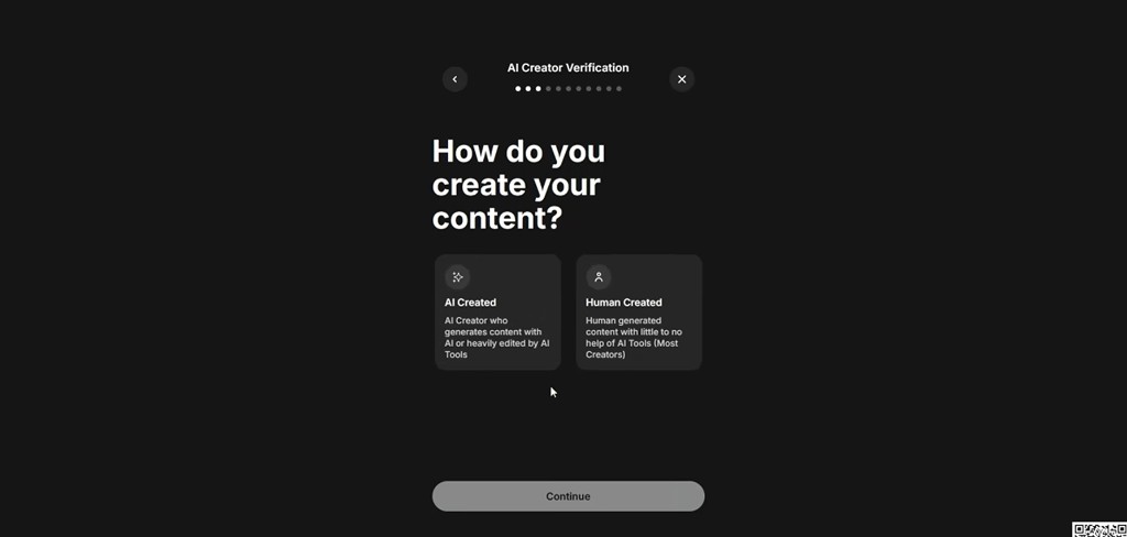 Fanvue creator onboarding — select AI Created during AI Creator Verification