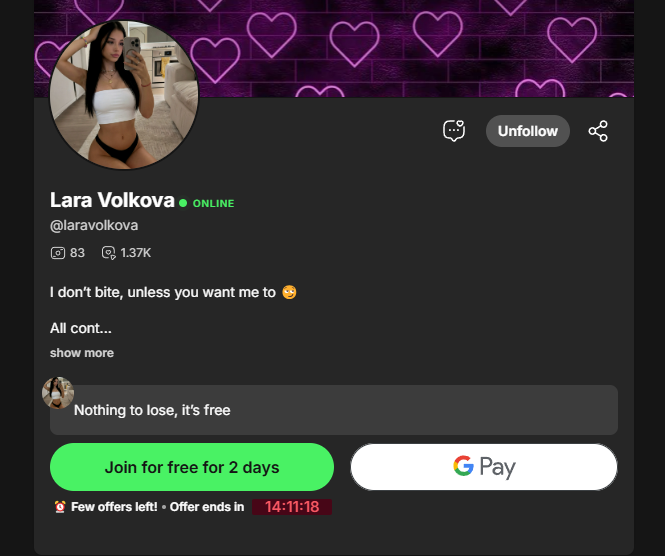 Fanvue profile storefront — subscription CTA, PPV vault, and conversion timer